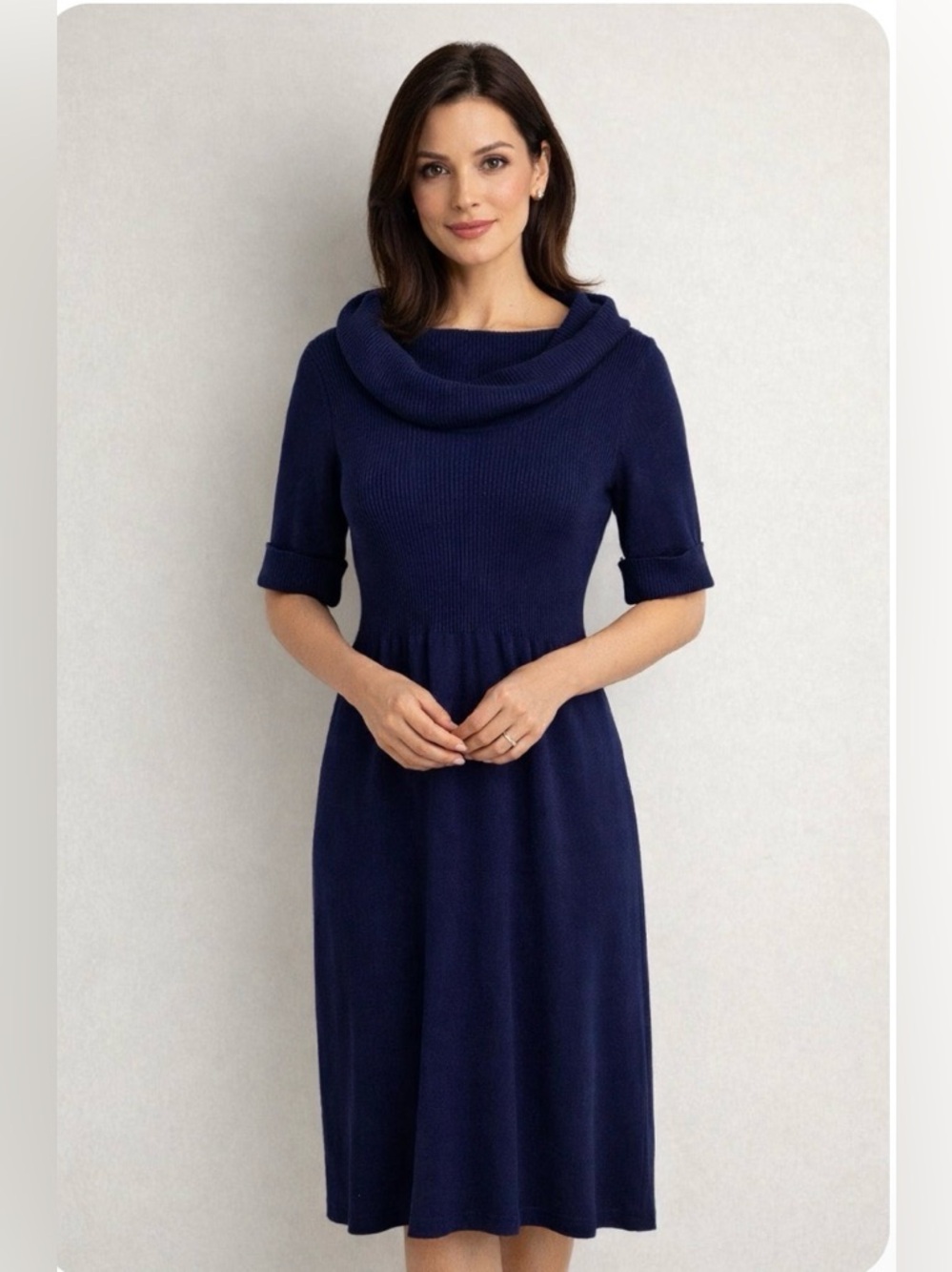 Jones New York Navy Ribbed Cowl Neck Sweater Dress Fit & Flare Sz S
